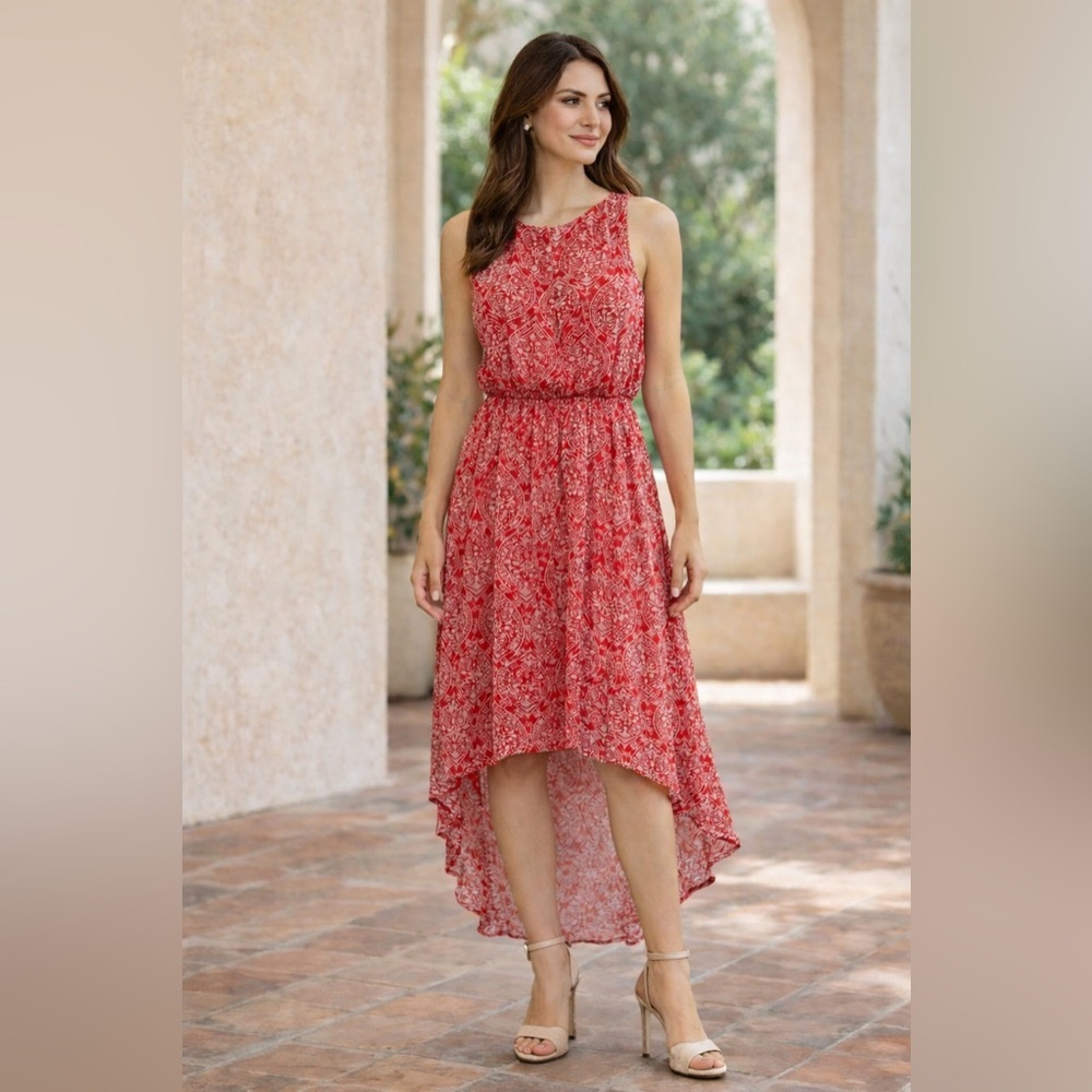 Ella Moss Red Print Sleeveless High-Low Midi Dress‎ Size Large Elastic Waist